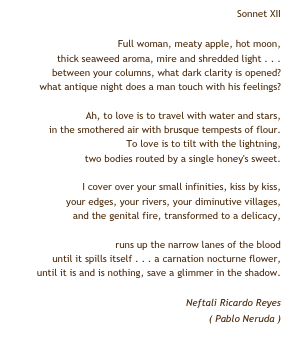 Sonnet XII

Full woman, meaty apple, hot moon, thick seaweed aroma, mire and shredded light . . . between your columns, what dark clarity is opened? what antique night does a man touch with his feelings?
Ah, to love is to travel with water and stars, in the smothered air with brusque tempests of flour. To love is to tilt with the lightning, two bodies routed by a single honey's sweet.
I cover over your small infinities, kiss by kiss, your edges, your rivers, your diminutive villages, and the genital fire, transformed to a delicacy,
runs up the narrow lanes of the blood until it spills itself . . . a carnation nocturne flower, until it is and is nothing, save a glimmer in the shadow.Neftali Ricardo Reyes
 ( Pablo Neruda )
