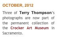 OCTOBER, 2012
Three of Terry Thompson‘s photographs are now part of the permanent collection of the Crocker Art Museum in Sacramento.