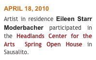 APRIL 18, 2010 
Artist in residence Eileen Starr Moderbacher participated in the Headlands Center for the Arts  Spring Open House in Sausalito.