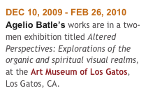 DEC 10, 2009 - FEB 26, 2010
Agelio Batle’s works are in a two-men exhibition titled Altered Perspectives: Explorations of the organic and spiritual visual realms, at the Art Museum of Los Gatos, Los Gatos, CA. 
